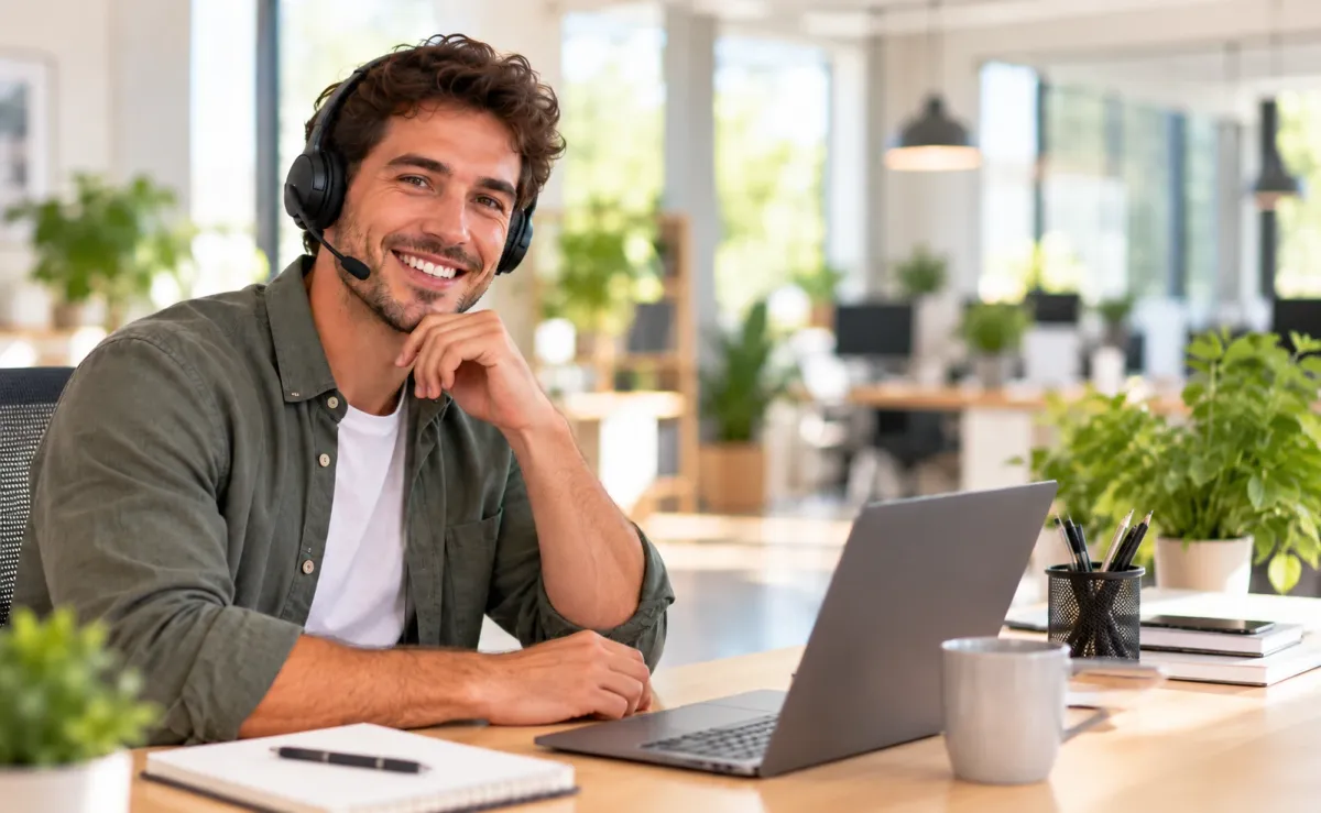 Un account manager souriant, casque sur les oreilles, à son bureau devant son ordinateur portable