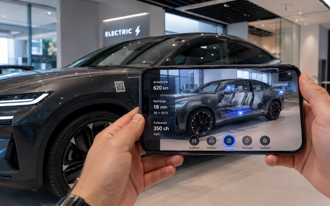 Dans un showroom, un visiteur tient son téléphone devant un véhicule ; l'écran superpose une vue en coupe et ses caractéristiques