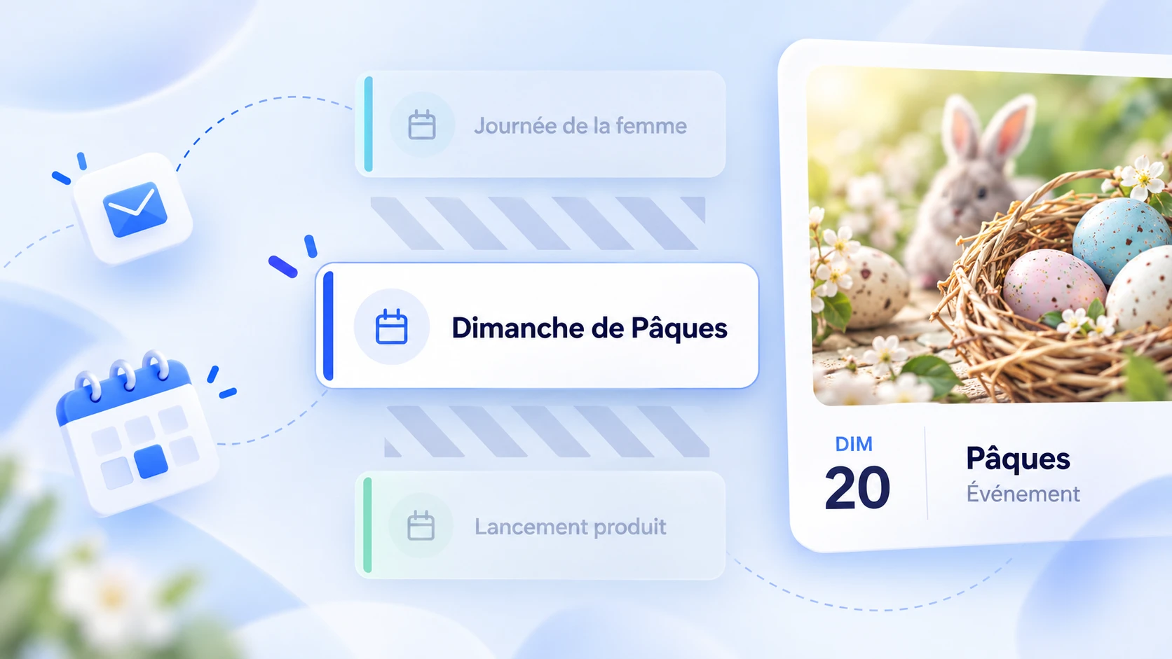 Schéma d'un calendrier de temps forts : la Journée de la femme, le dimanche de Pâques mis en avant et un lancement produit, à côté de la fiche de l'évènement retenu