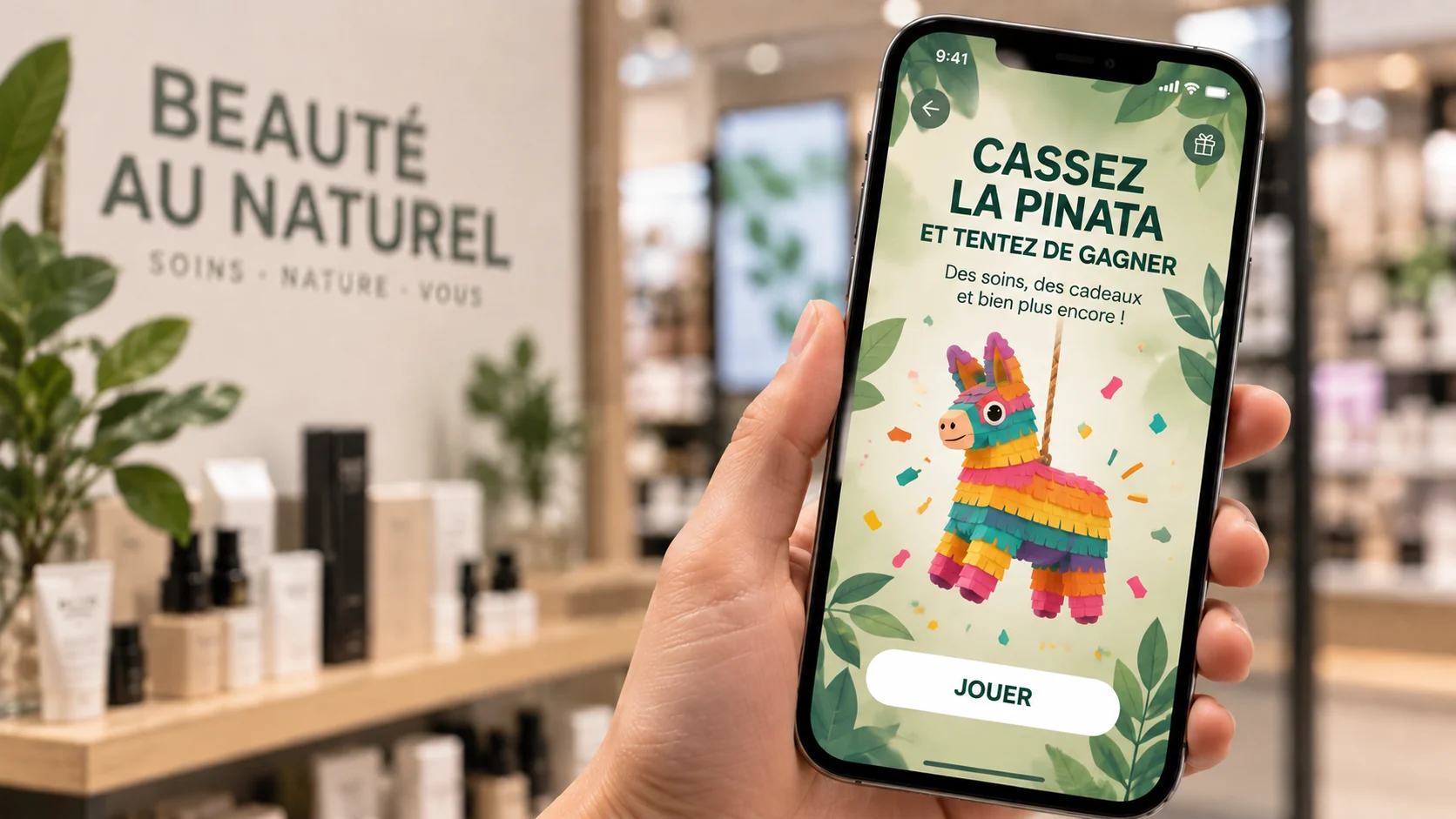 Un jeu « Cassez la piñata » ouvert sur un téléphone, tenu devant le rayon d'une boutique de soins