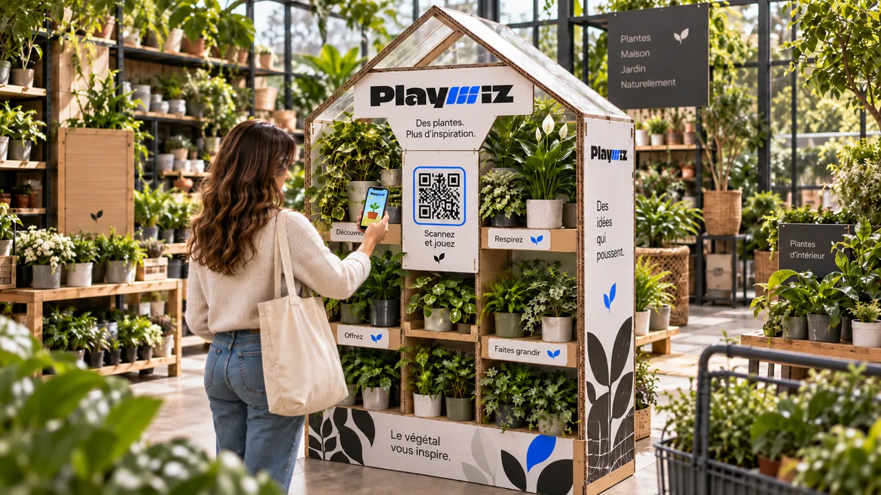 Une cliente scanne le QR code d'une PLV Playwiz en forme de serre, dans le rayon plantes d'une jardinerie