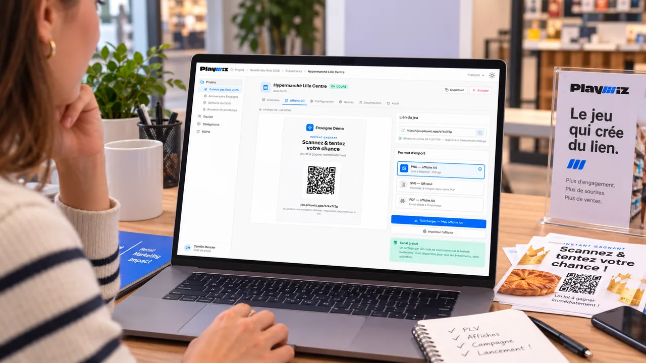 Le tableau de bord Playwiz ouvert sur un ordinateur portable, sur l'affiche QR d'un évènement, à côté des supports imprimés correspondants