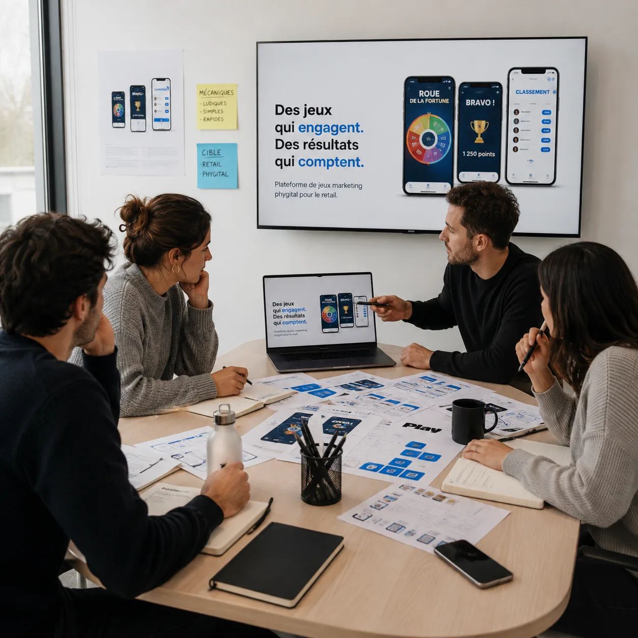 Atelier de conception d'une campagne de jeu marketing autour d'une table de travail
