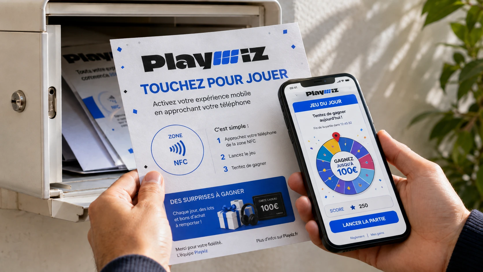 Rendu : une main tient un imprimé Playwiz sorti d'une boîte aux lettres, titré « Touchez pour jouer » et marqué d'une zone NFC ; l'autre main en approche un téléphone dont l'écran affiche une roue à faire tourner