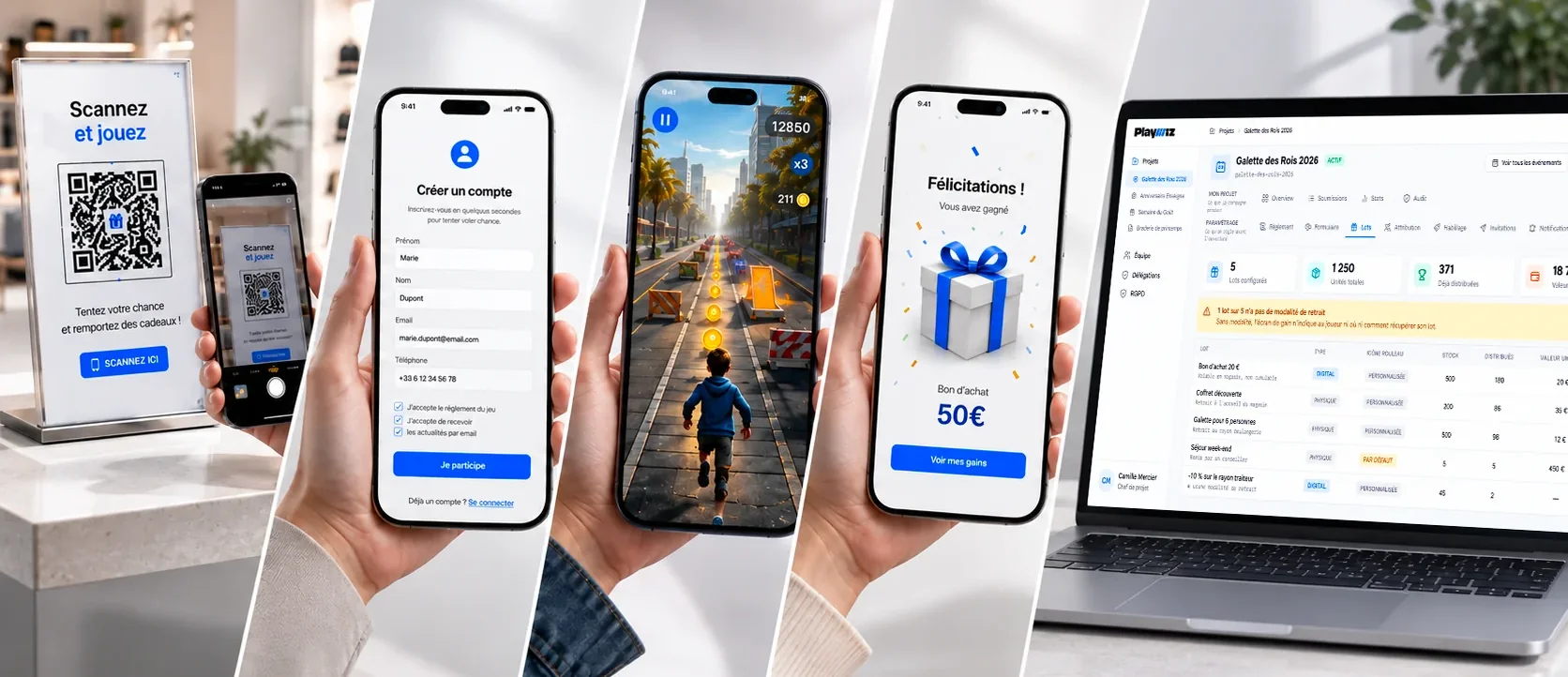 Le parcours complet en cinq temps : le support scanné en magasin, le formulaire de participation, le jeu sur mobile, l'écran de gain, puis le suivi de la campagne sur le tableau de bord