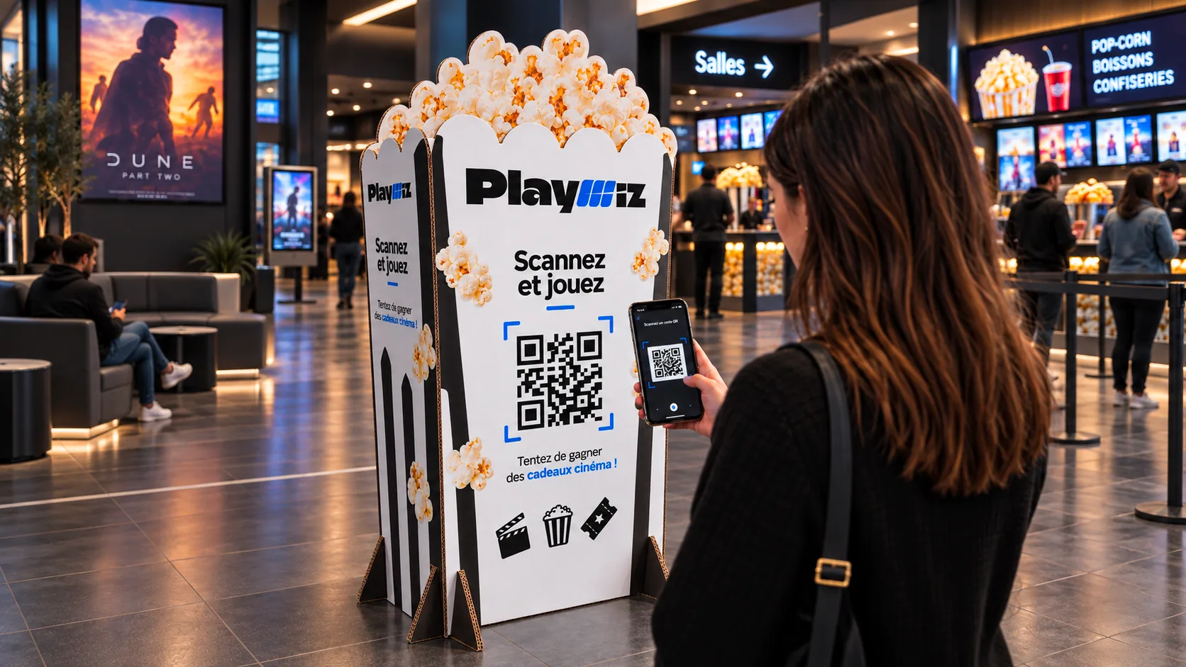 Une borne cartonnée en forme de pot de pop-corn, dans le hall d'un cinéma, dont une spectatrice scanne le QR code