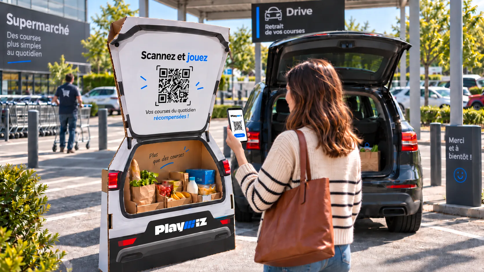 Une borne cartonnée en forme de coffre de voiture ouvert, au point de retrait drive d'un supermarché, dont une cliente scanne le QR code