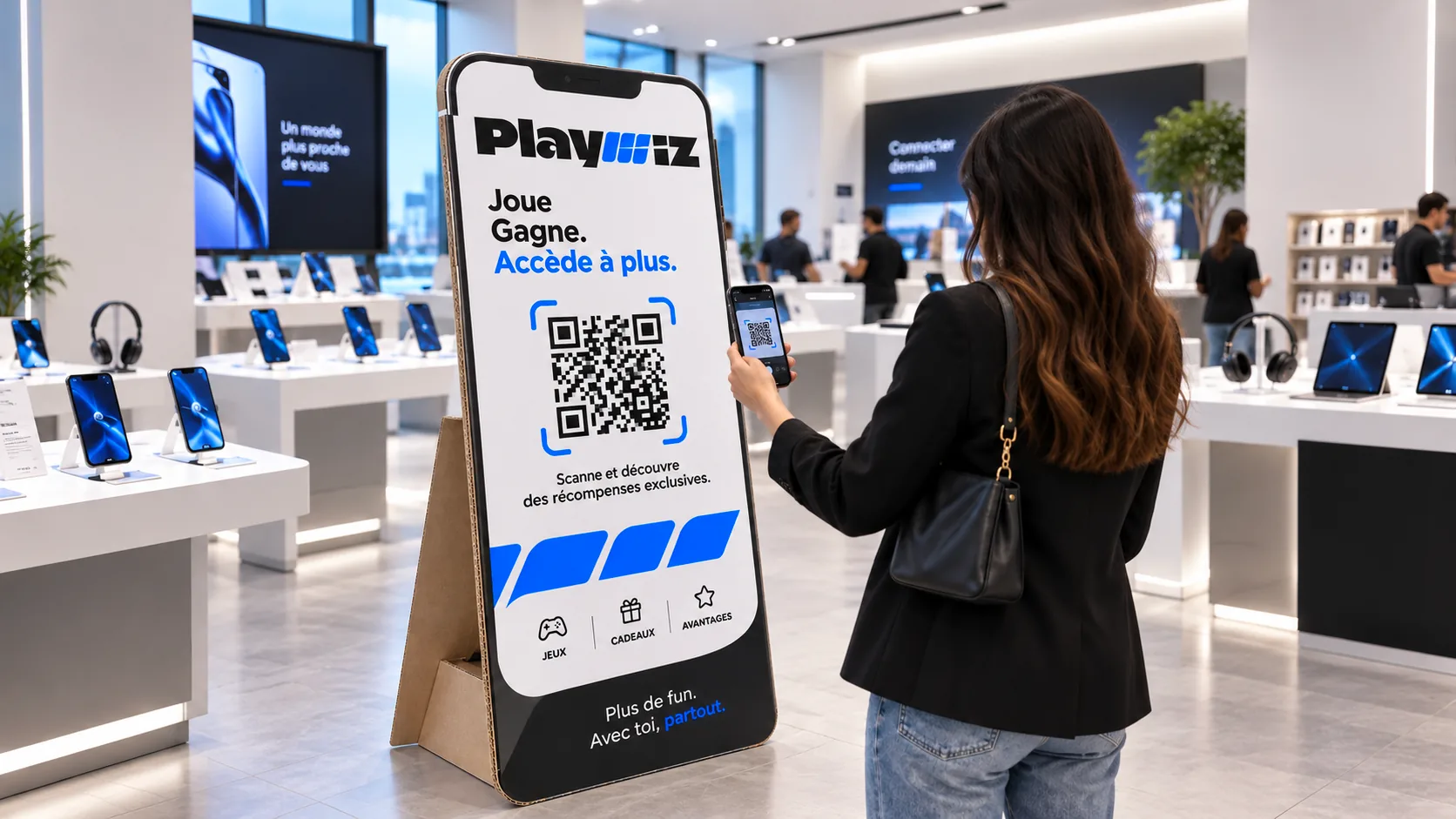 Une borne cartonnée en forme de smartphone géant, dans une boutique de téléphonie, dont une cliente scanne le QR code