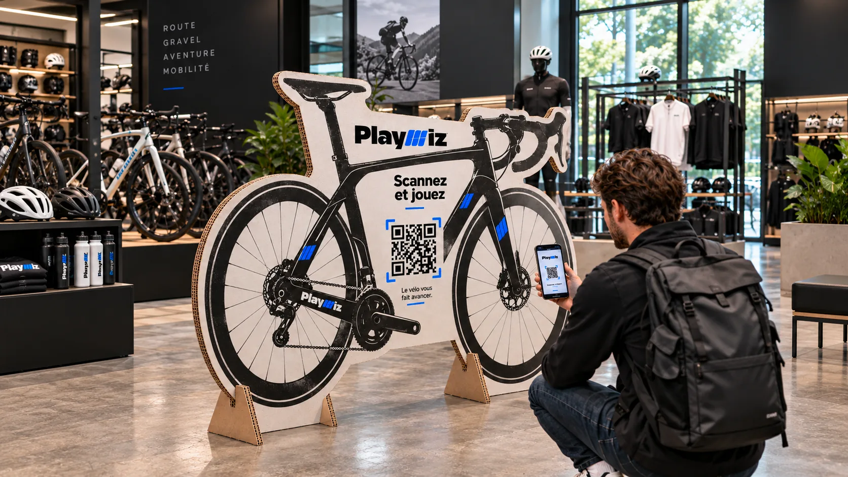 Une borne cartonnée découpée en forme de vélo, dans un magasin de cycles, dont un client accroupi scanne le QR code