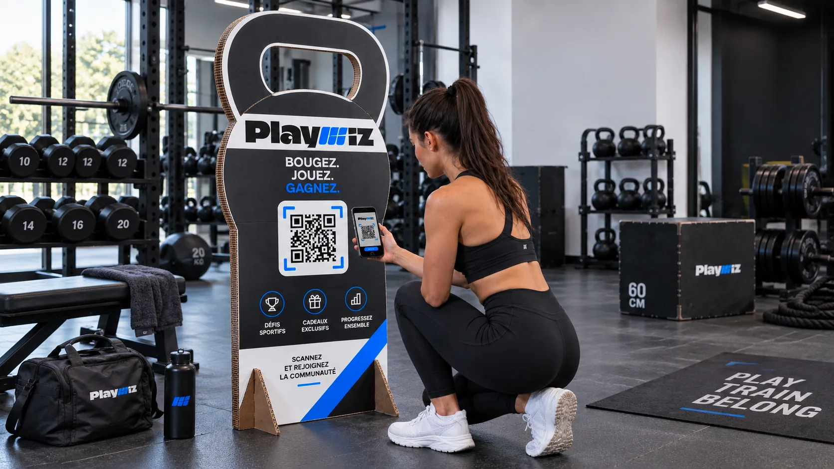 Une borne cartonnée coiffée d'une poignée de kettlebell, dans une salle de sport, dont une sportive scanne le QR code