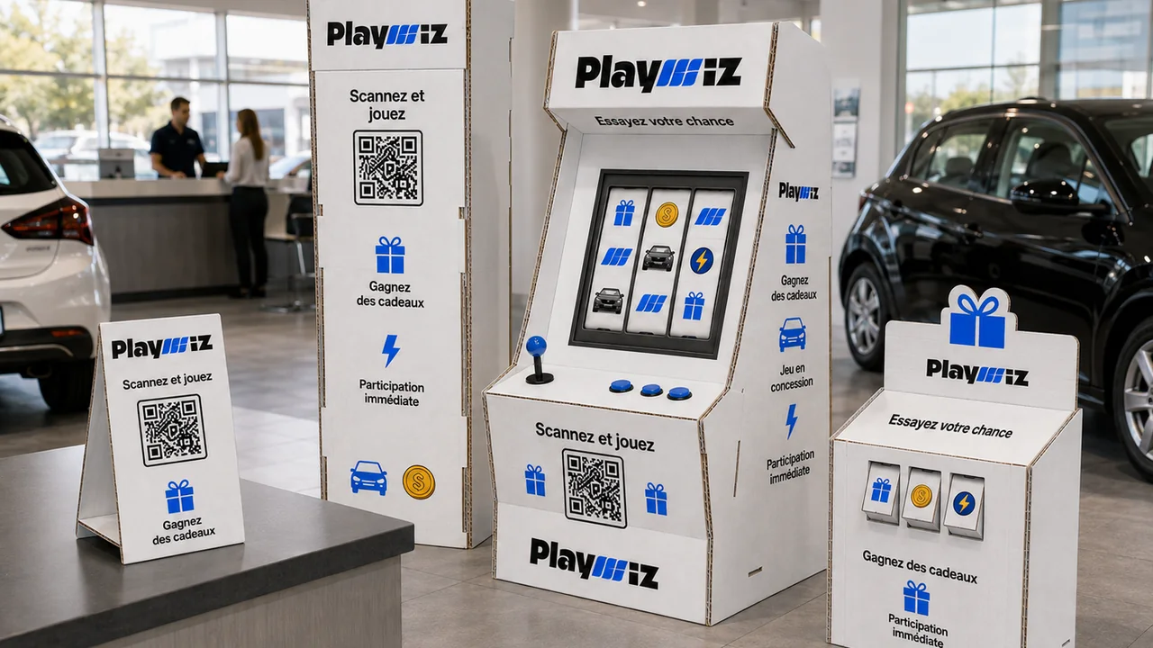 Une gamme de bornes cartonnées Playwiz dans une concession automobile : totem, chevalet de comptoir, machine à sous et présentoir